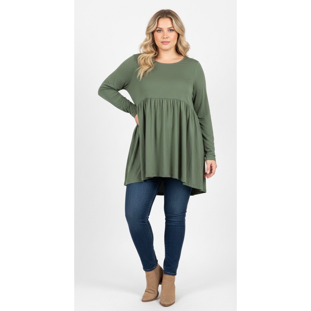ZENANA 1X Olive Green‎ Long Sleeve Tiered Babydoll Tunic Top Made In Cambodia